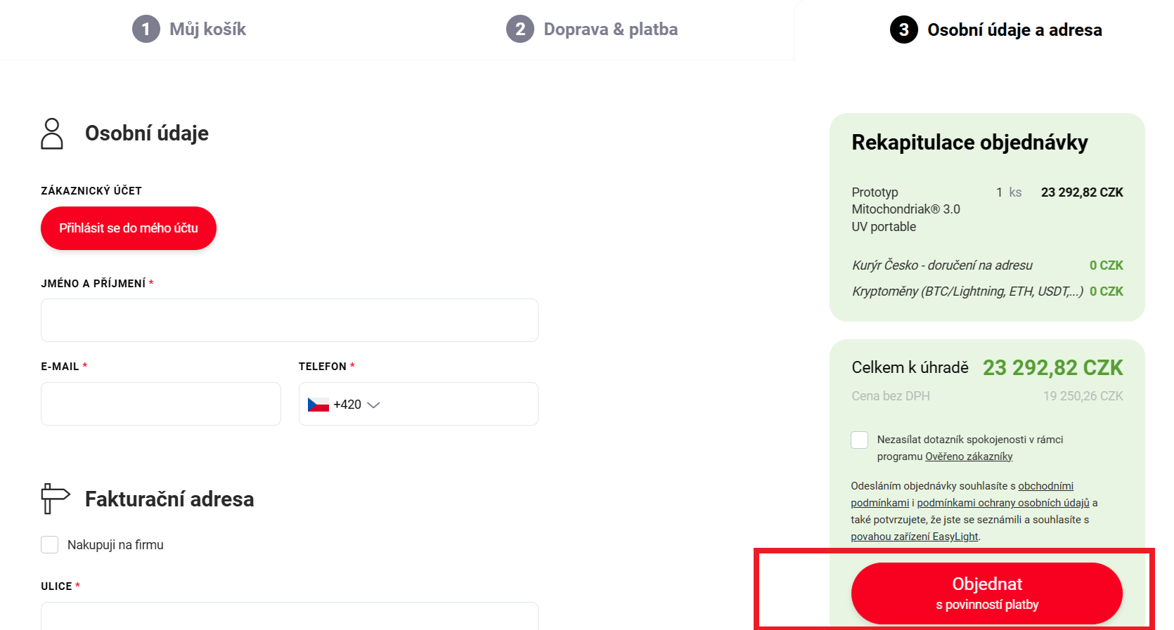 CZ EasyLight mitochondriak Platba BTC kryptomenami 4